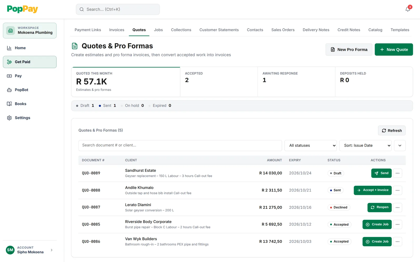 PopPay quotes list with draft, sent, declined and accepted quotes, and Send, Accept + Invoice and Create Job actions.