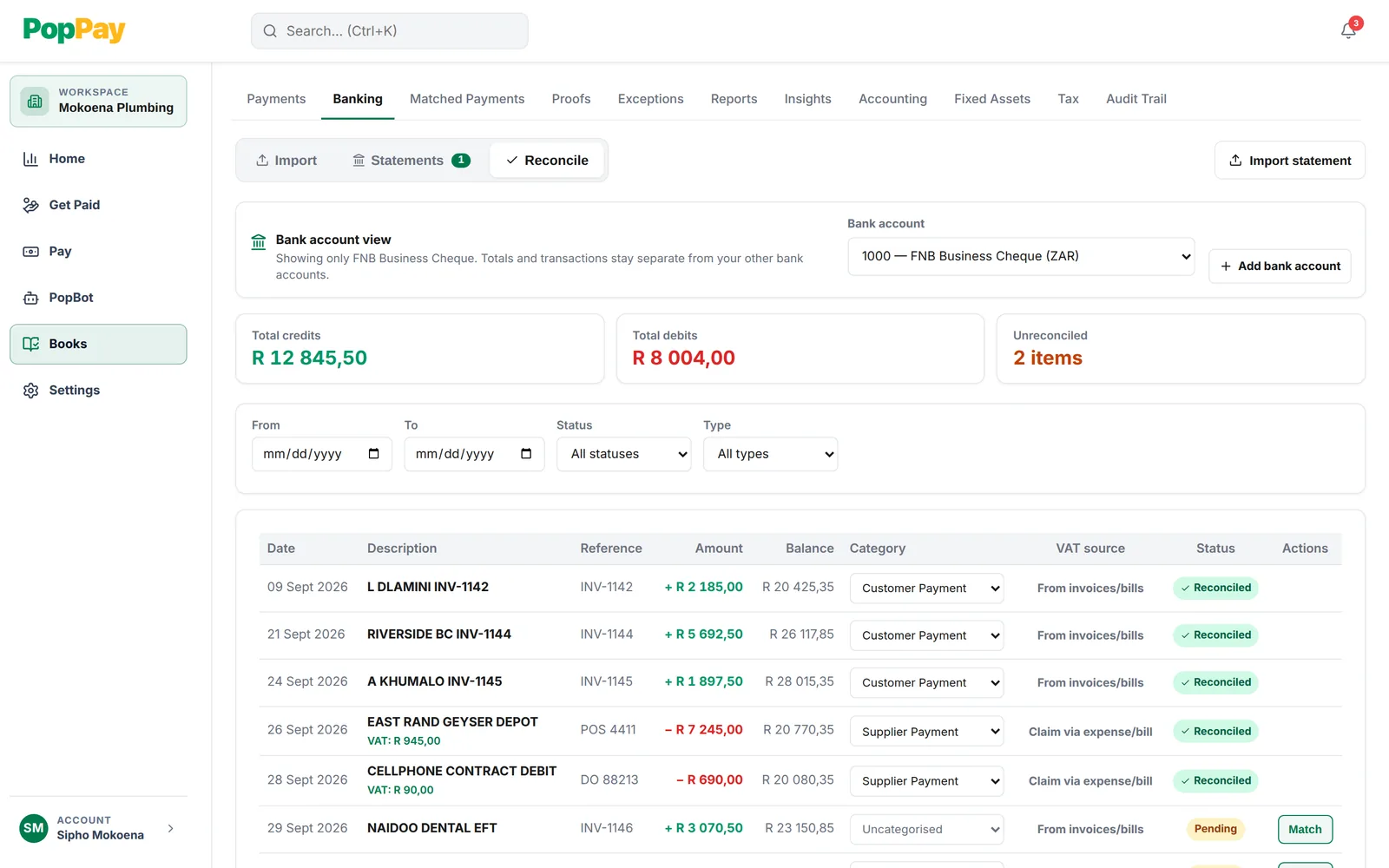 PopPay bank reconciliation for an FNB business account: imported transactions matched to invoices and expenses, two still pending, with a Match button.