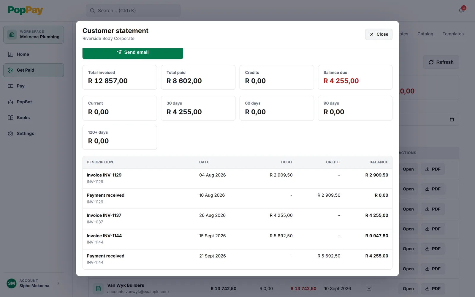 Customer statement for Riverside Body Corporate: invoices and payments with a running balance, the balance due and an age analysis of what is owed.