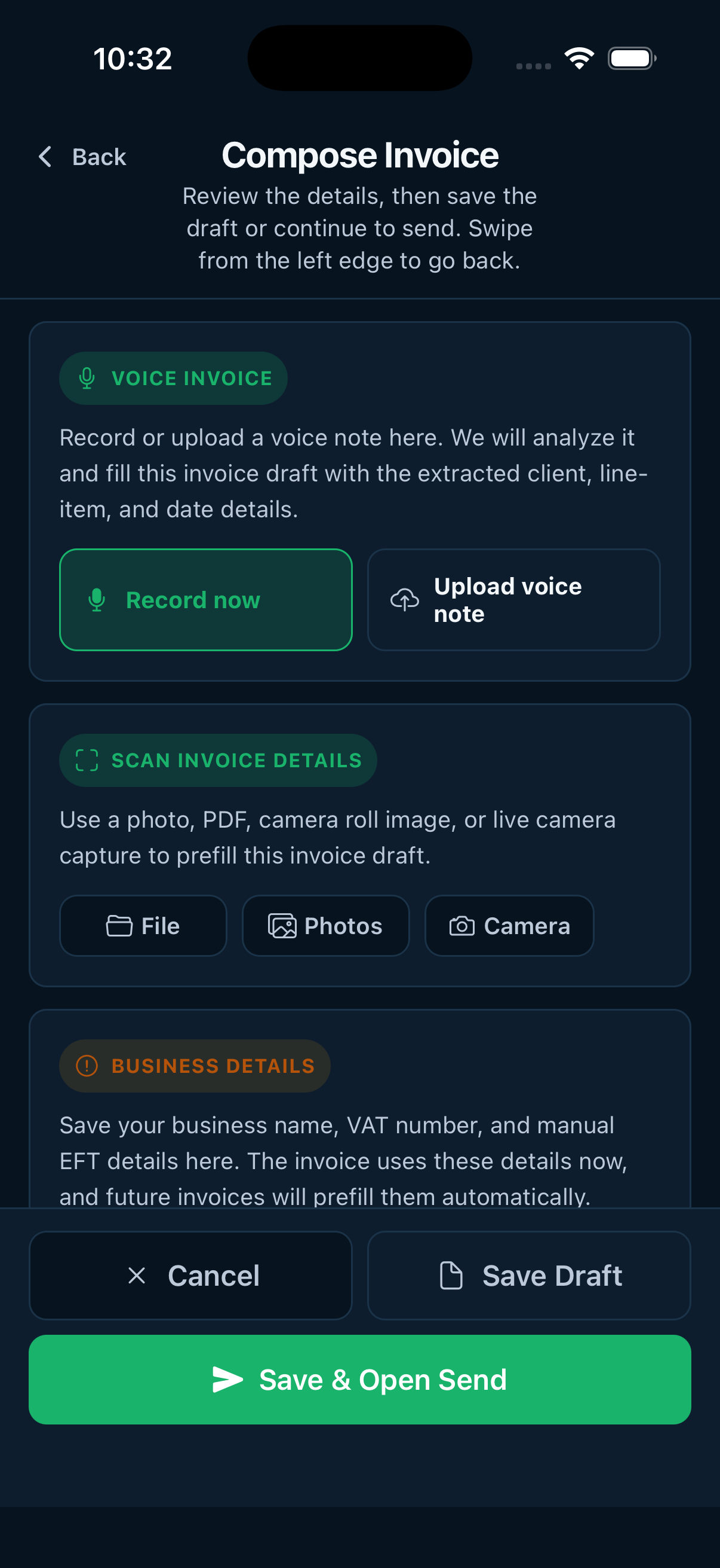 PopPay mobile invoice composer with voice invoice, scan details, business details, and save actions
