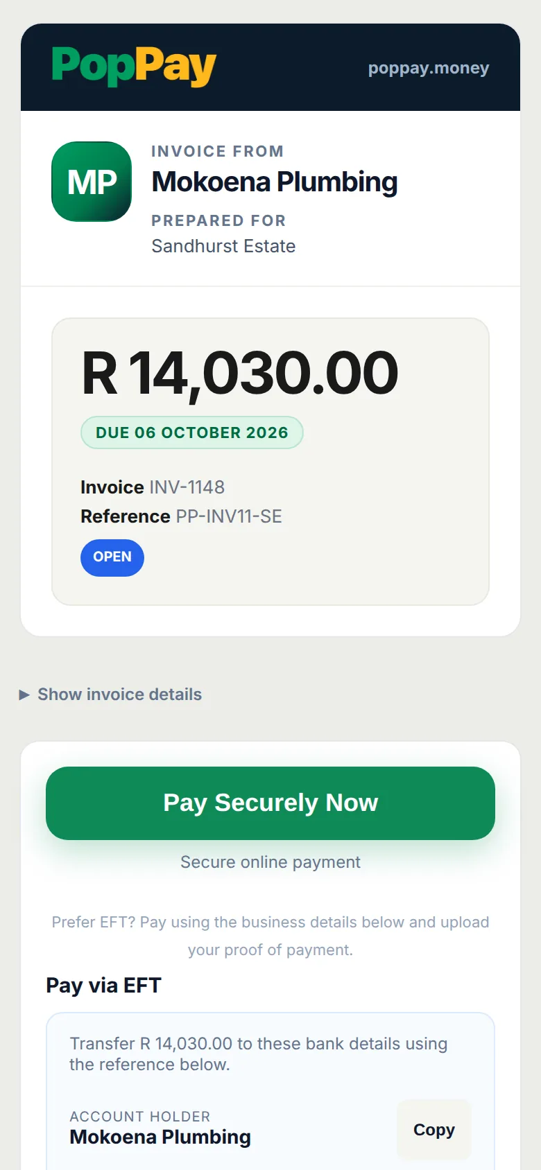 The customer’s page for invoice INV-1148 on a phone, with the amount due and a Pay Securely Now button.