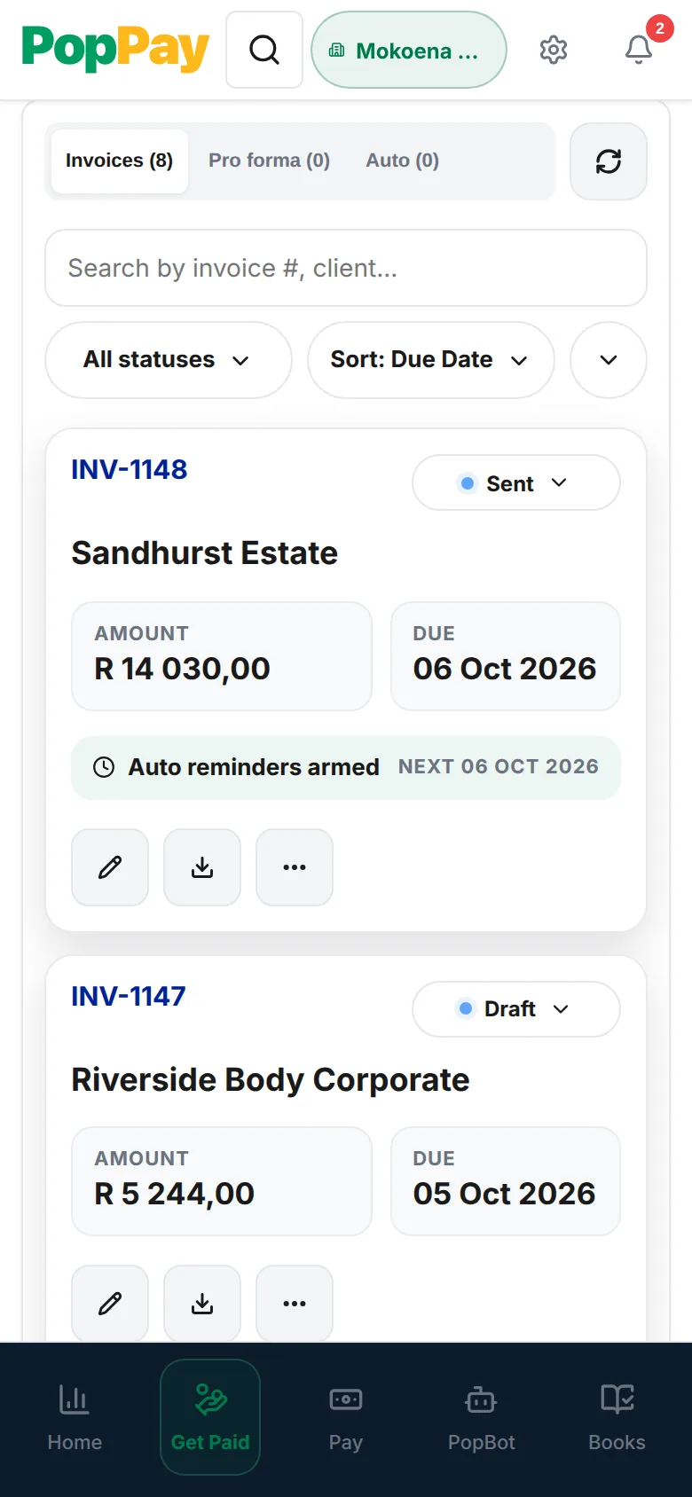 PopPay invoice list on a phone: INV-1148 for Sandhurst Estate sent with auto reminders armed, and INV-1147 for Riverside Body Corporate in draft.