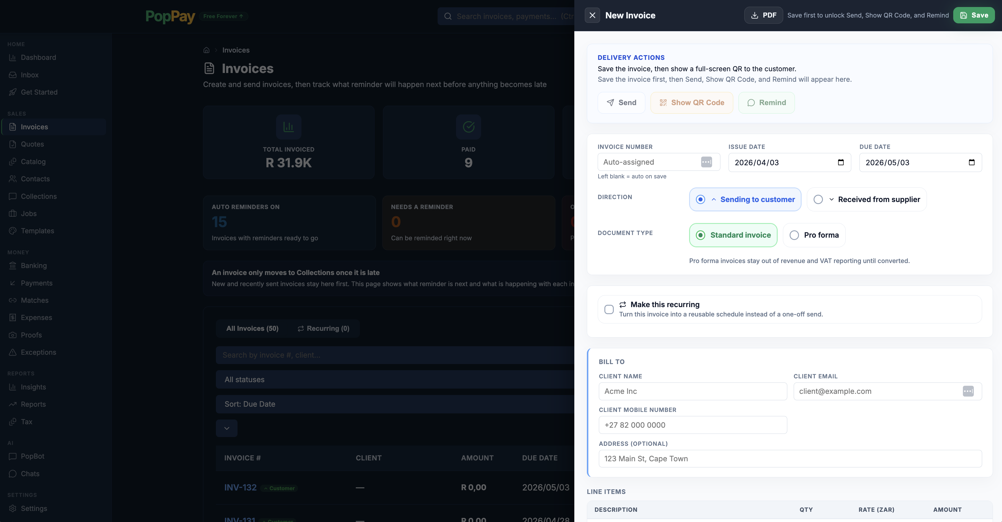 PopPay dashboard — invoices list with New Invoice composer panel